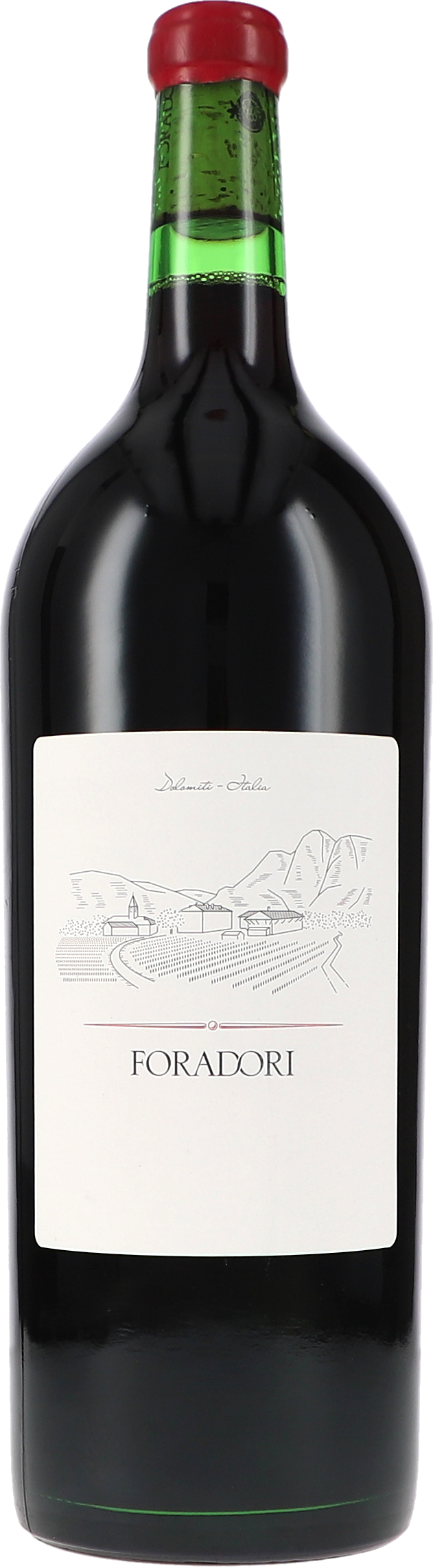 Rotwein, Glasflasche, dunkles Glas, roter Verschluss, weißes Etikett