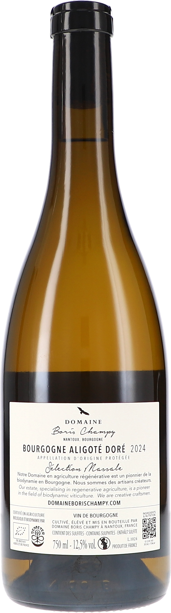 wine bottle, white label, champagne style, 750 ml, brown glass, Bourgogne Aligoté, Weißwein, Flasche 750ml, Domaine, Goldfarben