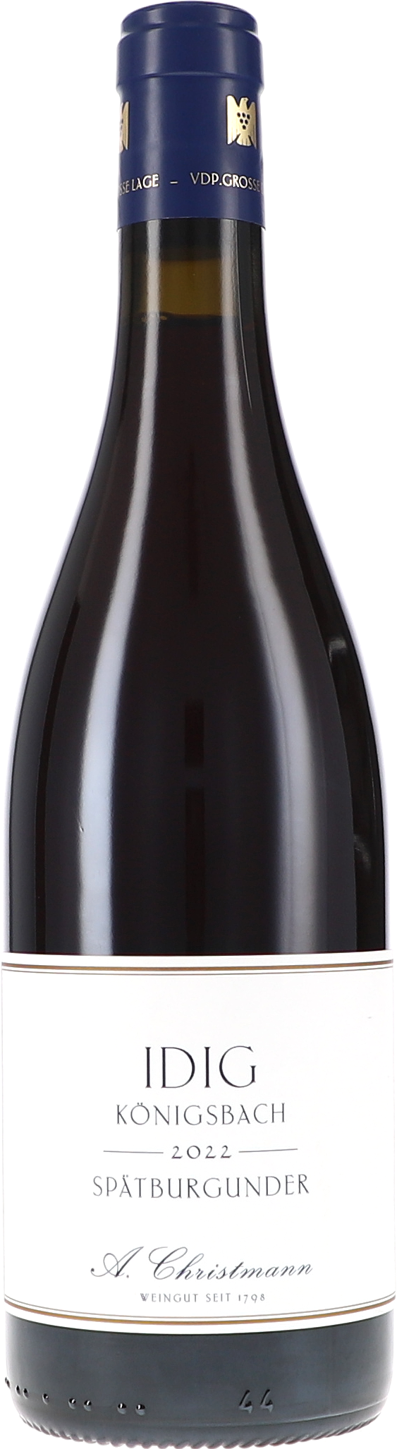 weinflasche, rotwein, glasflasche, etikett sichtbar, kapsel blau