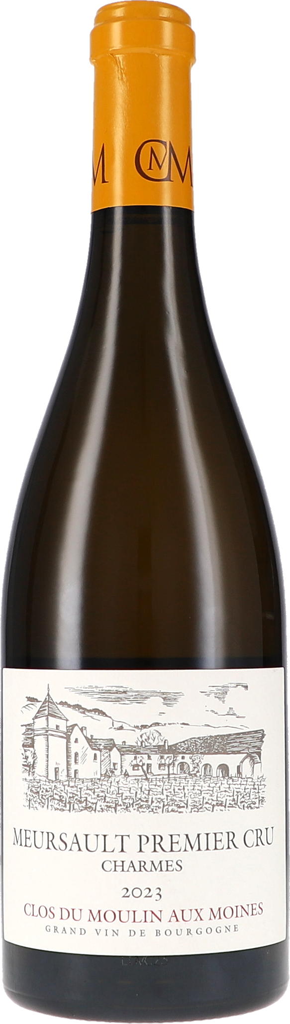 Weinflasche, Burgunderwein, Meursault Premier Cru, Jahrgang 2023, orangefarbene Kapsel