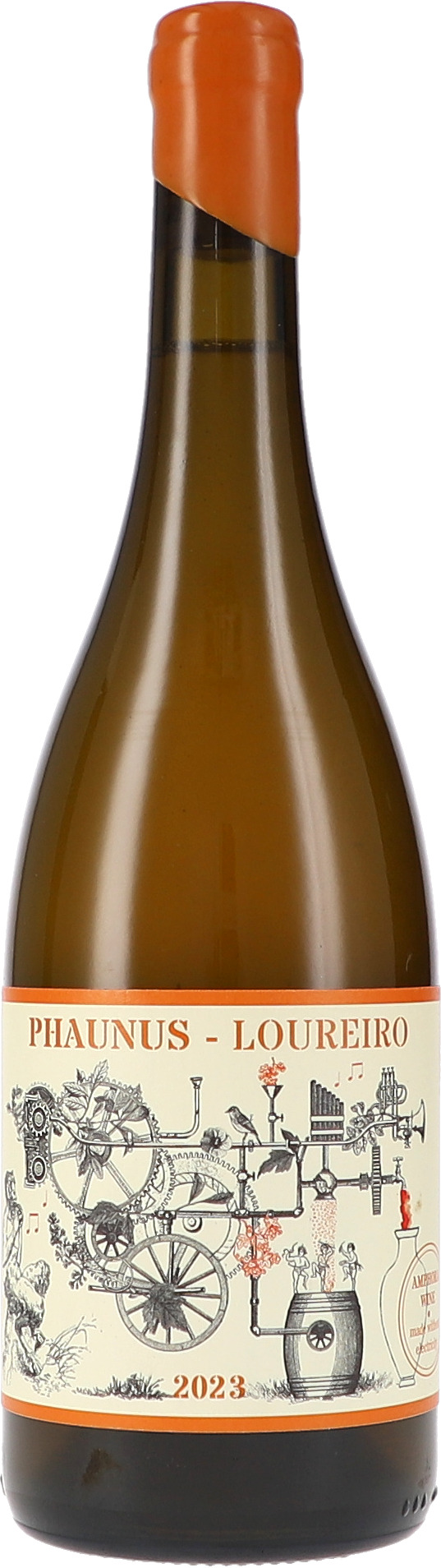 Weißwein, Weinflasche, Glasflasche, orangefarbene Kapsel, Etikett mit Illustration