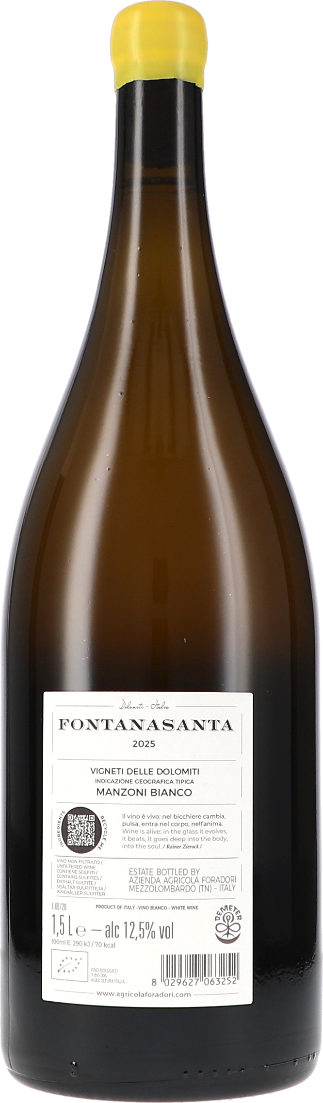 Weißwein, Manzoni Bianco, Braune Glasflasche, 1,5-Liter-Flasche, Gelber Verschluss