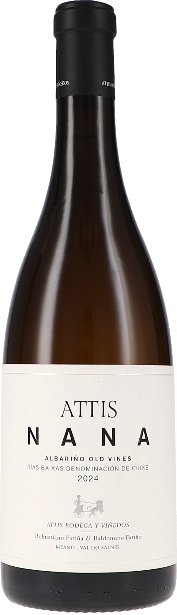 Weinflasche, Albariño-Weißwein, braune Glasflasche, weißes Etikett, Jahrgang 2024