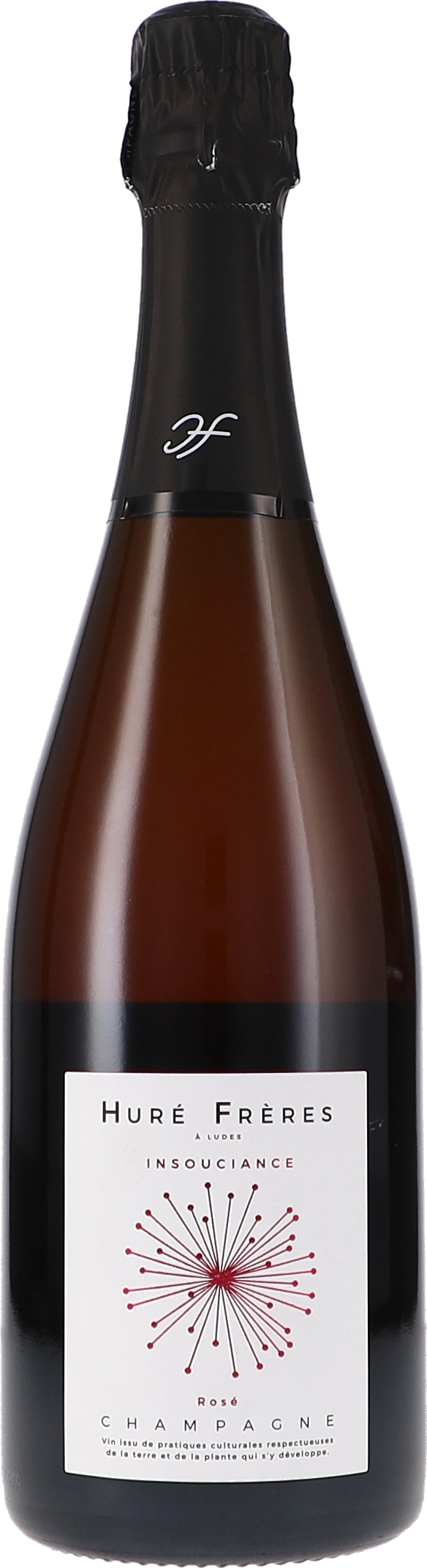 Rosé-Champagner, Schaumwein, Glasflasche, dunkle Flasche, weißes Etikett