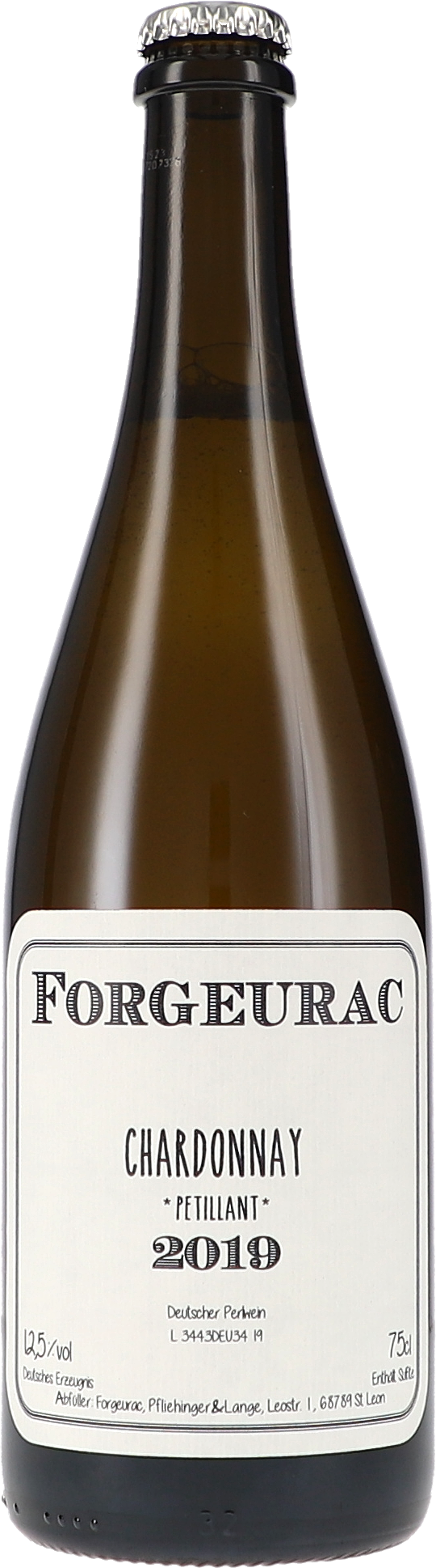 Schaumwein, Chardonnay, Braunglasflasche, Weißes Etikett, Jahrgang 2019