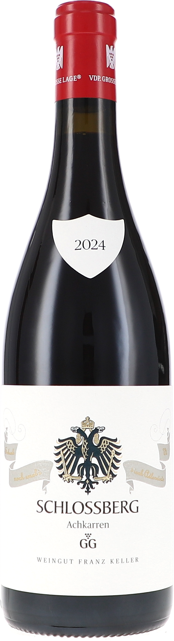 Rotwein, Weinflasche, 2024er Jahrgang, Burgunderflasche, Etikett mit Wappen