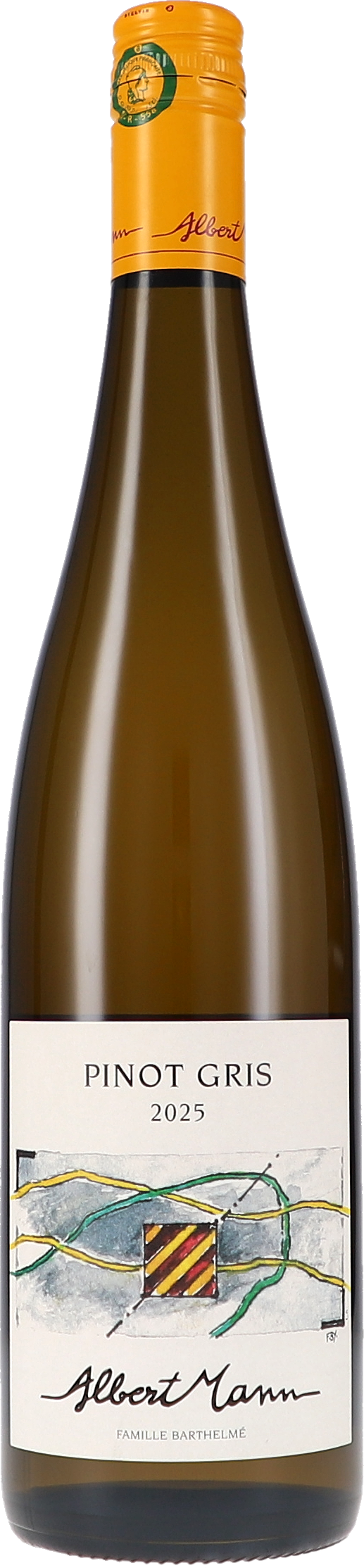 Weißwein, Pinot Gris, Glasflasche, Orangefarbene Kapsel, Illustration auf Etikett