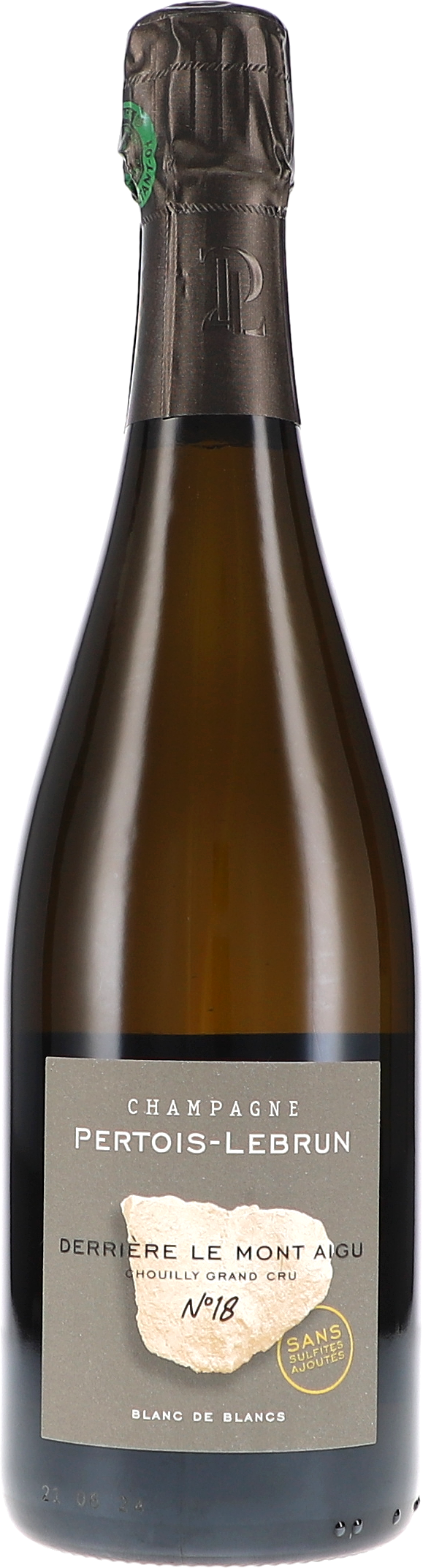Derrière le Mont Aigu N°18, Sans Sulfites Ajouté, Chouilly Grand Cru Blanc de Blancs Brut Nature Alkohol, Bier, Getränk, Flasche, Weinflasche, Alkohol, Bier, Getränk, Flasche, Weinflasche