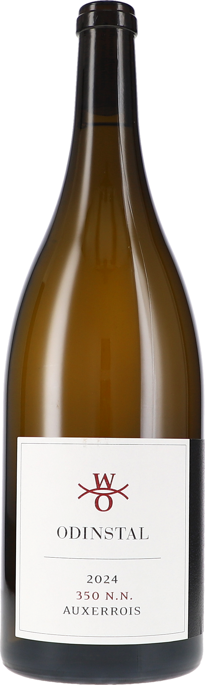 Weinflasche, Auxerrois, Jahrgang 2024, braunes Glas, weißes Etikett