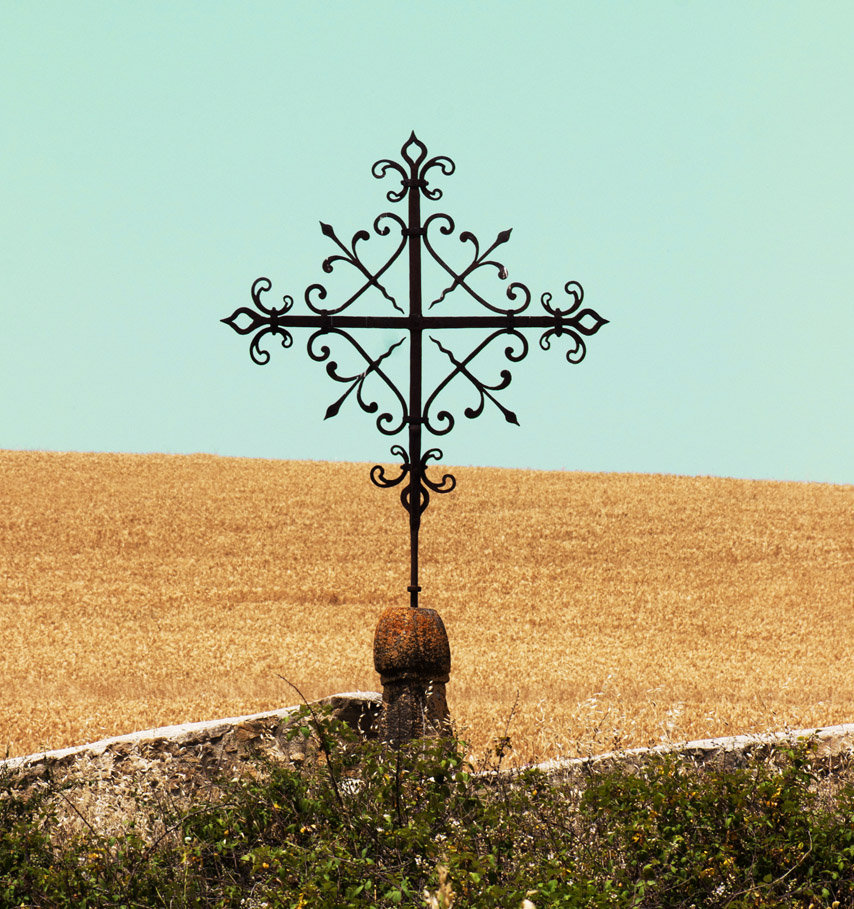 holzfeld, kruzifix, metallkruzifix, ornament, landbild
