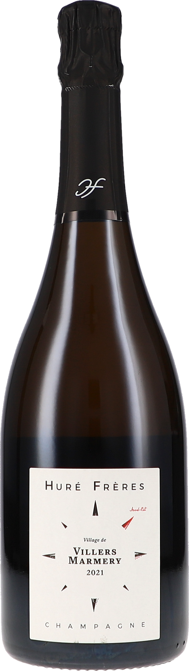 Villers Marmery Champagnerflasche, Braunglas, Schwarze Folienkapsel, Cremefarbenes Etikett, Jahrgang 2021