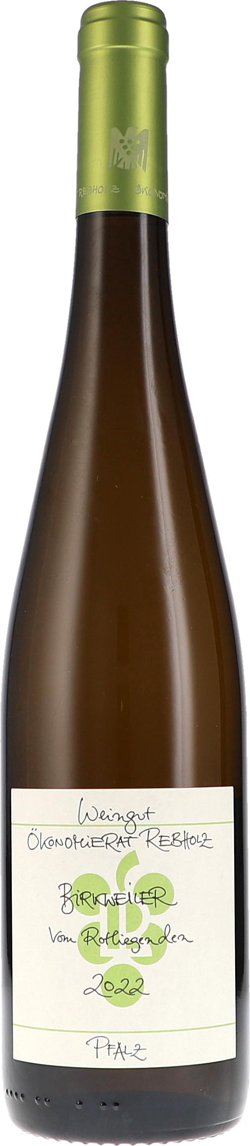 Birkweiler Riesling vom Rotliegenden Weißwein, Flasche, Etikett, Korken, Grüner Verschluss