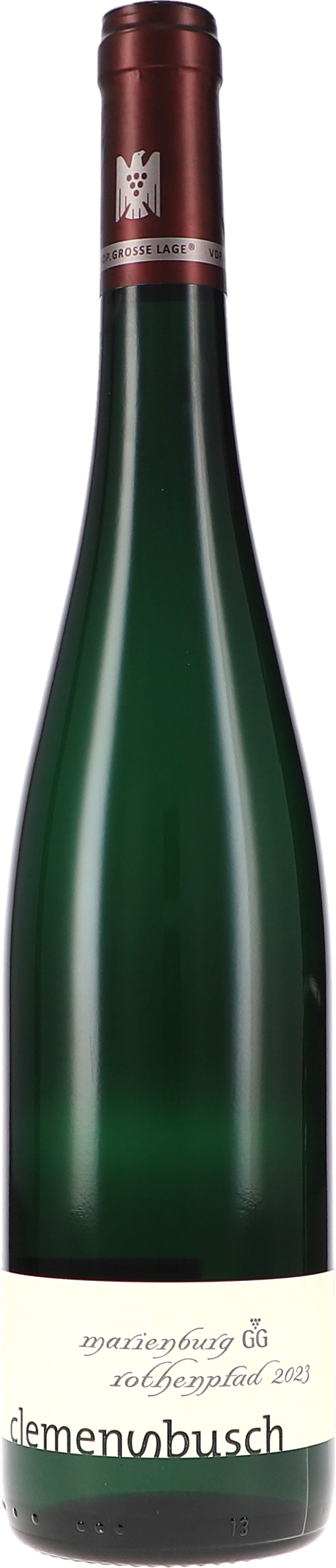 Riesling Marienburg Grosses Gewächs "Rothenpfad" Weinflasche, grüne Flasche, Korkenflasche, Glasflasche, Etikettentext