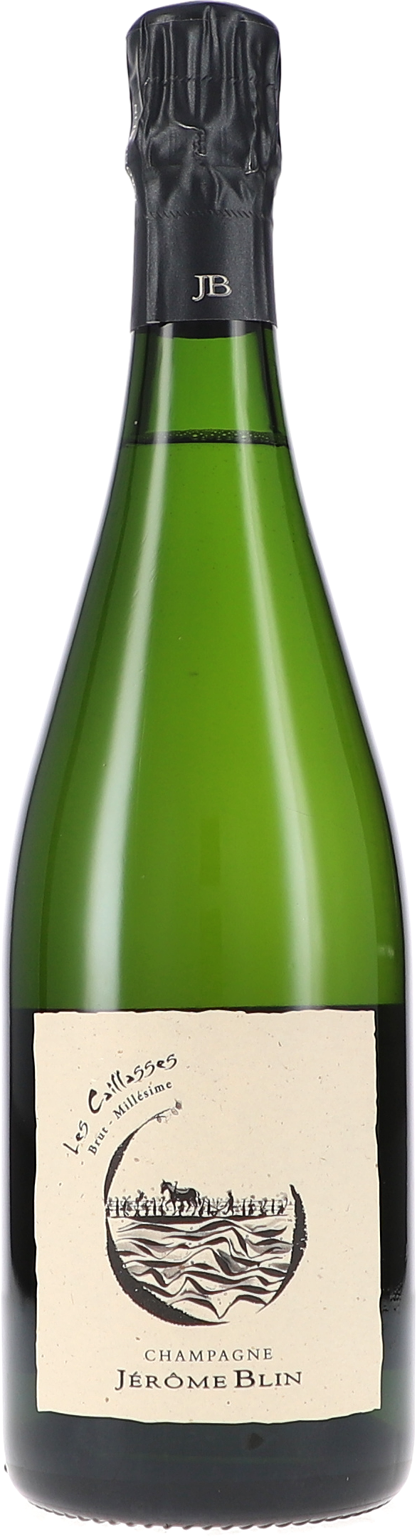 Les Caillasses, Brut Millésime champagne, Flasche, grüne Flasche, Folienhülle, Etikett Jerome Blin