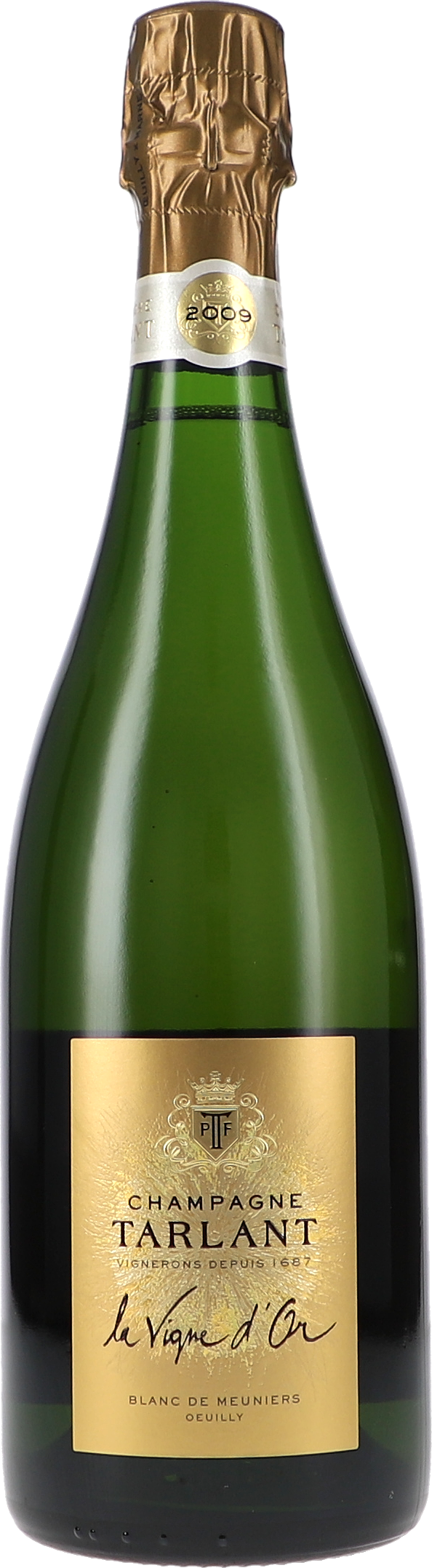 La Vigne d'Or, Brut Nature, Blanc de Meuniers Champagner, Grüne Flasche, Goldenes Etikett, Jahrgang 2009, Blanc de Meuniers