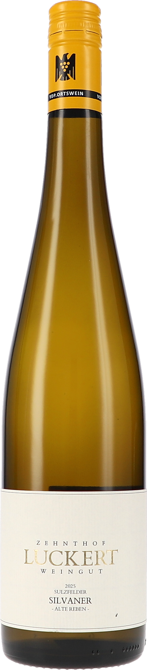 Silvaner Weißwein, Weinflasche, Glasflasche, Gelbe Kapsel, Weißes Etikett