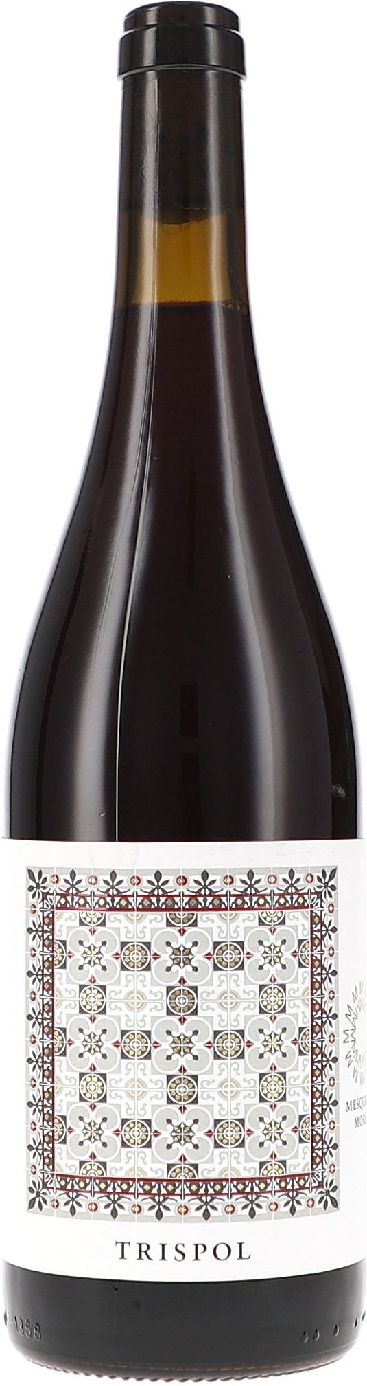 Trispol Negre IGP Rotwein, Weinflasche, dunkles Glas, Etikett mit Ornamentmuster