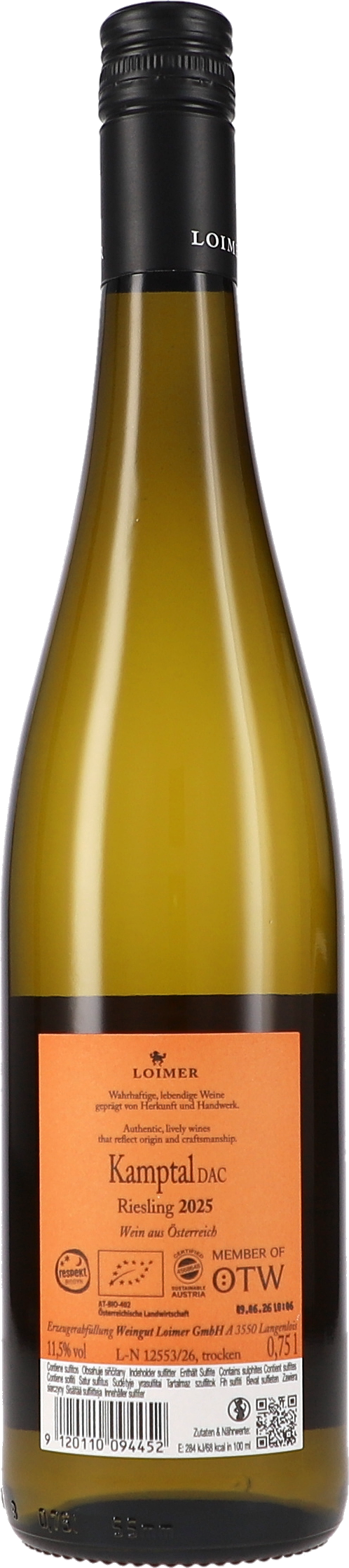 weißer Wein, Riesling, Kamptal DAC, Flasche, Etikett orange